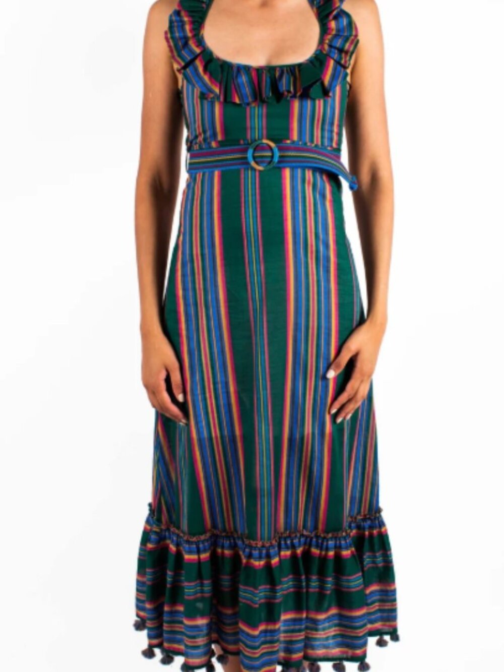 Zimmermann Allia Ruffled Striped Belted Maxi Dress Green Blue Size 0 XS / US 2-4